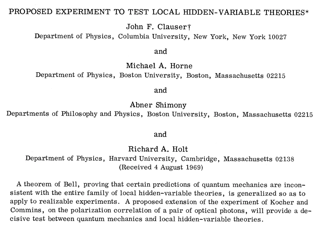 Title, authors and abstract of the 1969 CHSH paper, “Proposed Experiment to Test Local Hidden-Variable Theories”