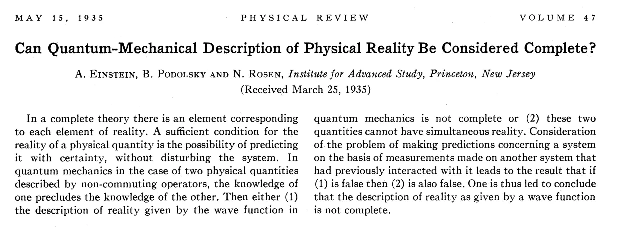 Title and abstract of the 1935 EPR paper, “Can Quantum-Mechanical Description of Physical Reality Be Considered Complete?”
