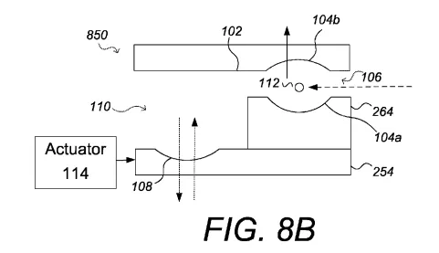 Nu Quantum patent drawing FIG. 8B: mirrors 104a and 104b form cavity 106 around qubit 112, with the excitation laser entering from the side, plus actuator 114 and mirrors 102 and 108