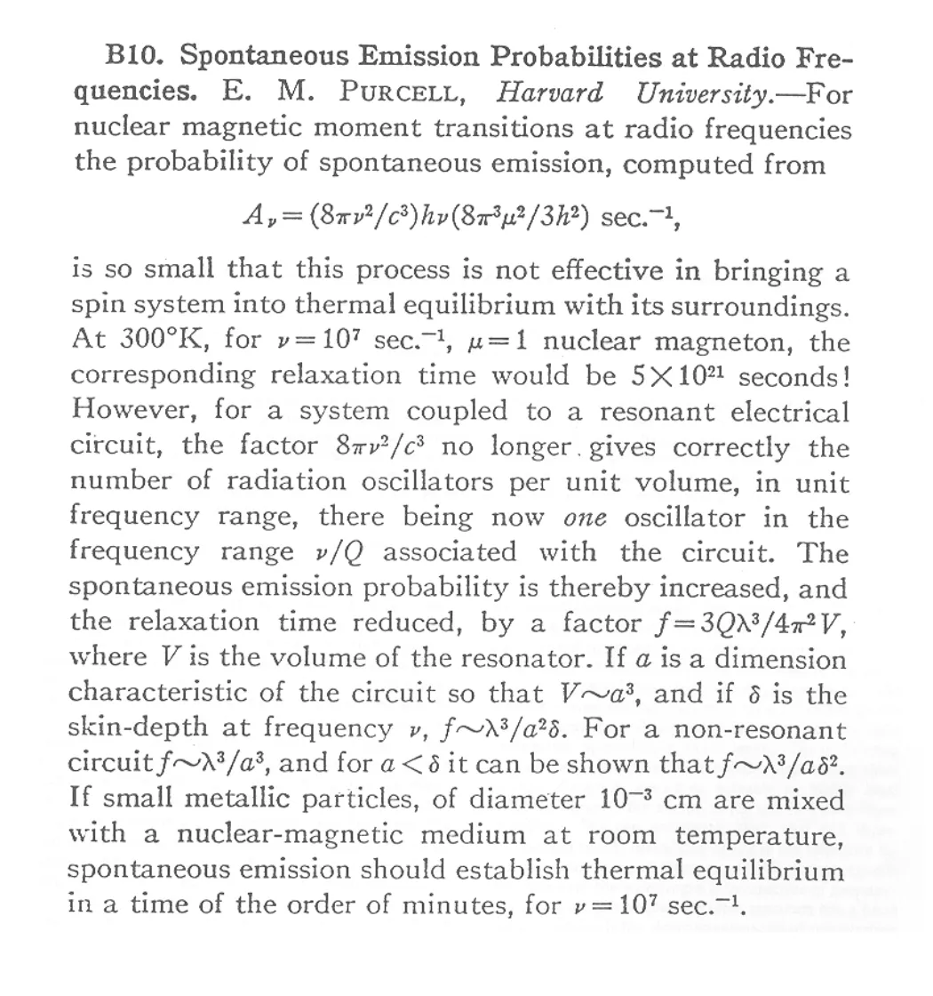 Purcell’s 1946 conference abstract, “Spontaneous Emission Probabilities at Radio Frequencies”