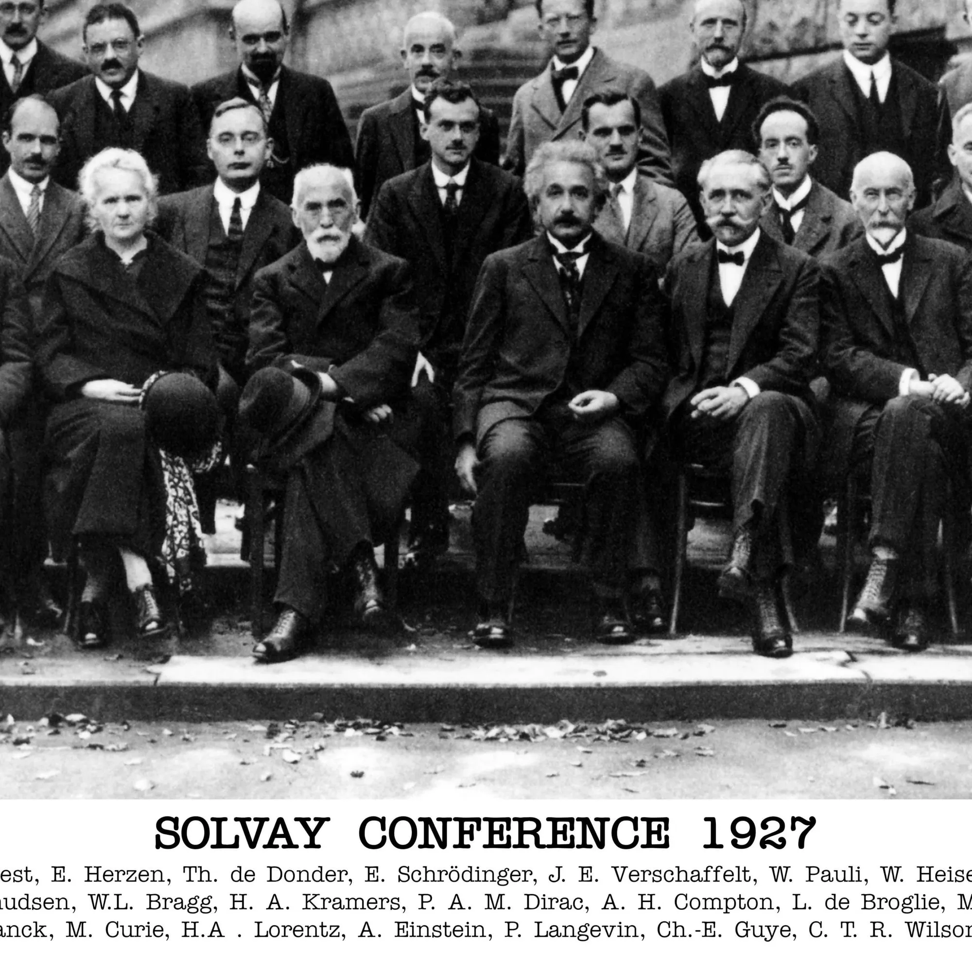 Group photo of the attendees of the 1927 Fifth Solvay Conference, with Einstein in the middle of the front row