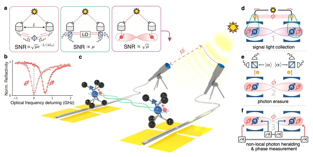 Paper figure: two telescopes linked by quantum memories and optical fiber perform nonlocal interferometry: signal light collection, photon erasure, then nonlocal heralding and phase measurement